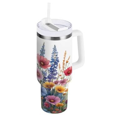 Imagem de ATTX Copo de jardim aquarela de 850 g com alça, copo de aço inoxidável a vácuo de parede dupla com palha, caneca de café de viagem isolada #120