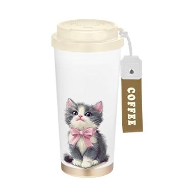 Imagem de SEHANY Caneca de viagem de gato gatinho fofo de 482 g xícaras de café reutilizáveis revestidas de cerâmica com tampa à prova de vazamento, parede dupla, isolamento a vácuo, copo de café de aço