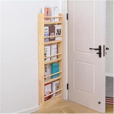 Imagem de Rack organizador de revistas de madeira fino montado na porta, estante de livros de 3/4/5 níveis para espaços estreitos, design elegante com fenda, perfeita para soluções de armazenamento em casa e