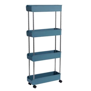 Imagem de Carrinho de armazenamento com rodinhas azul de 4 níveis - Carrinho utilitário multifuncional para cozinha e banheiro - Prateleira móvel com rodas - Organizador elegante e versátil