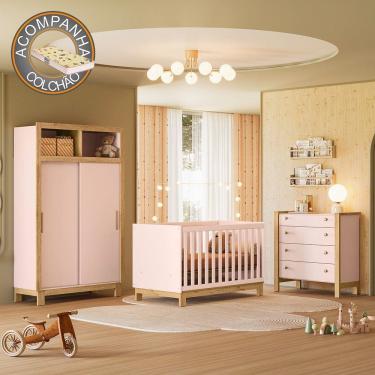 Imagem de Quarto de Bebê Completo Flora com Berço Cômoda e Roupeiro 5085 Rosa Qmovi + Colchão Gazin