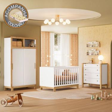 Imagem de Quarto de Bebê Completo Flora com Berço Cômoda e Roupeiro 5085 Branco Qmovi + Colchão Gazin