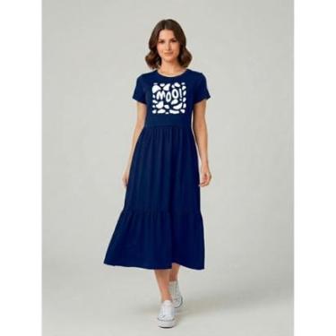 Imagem de Vestido Midi Três Marias Feminino Aveloz Estampa Moo! Azul marinho-Feminino