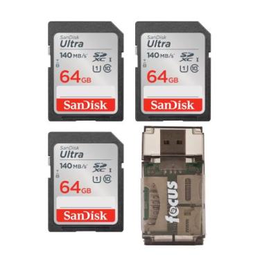 Imagem de Cartão de Memória Sandisk Ultra 64GB Classe 10 140MB/s Pacote com 3