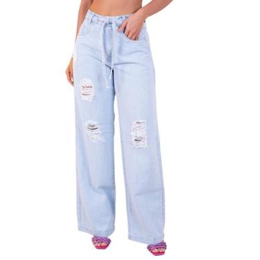 Imagem de Calça Jeans Feminina Wide Leg Cintura Alta Cinto Jeans - Magalu Market