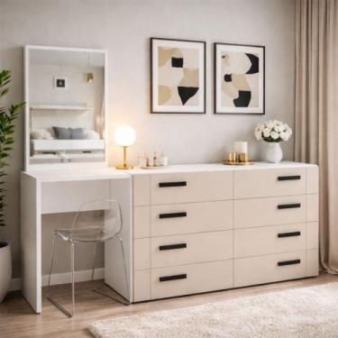 Imagem de Cômoda Lisboa 8 Gavetas com Espelho Creme/Branco - Politorno, Bege Cla