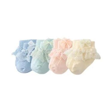 Imagem de Meias De Algodão Com Renda Para Meninas, 4 Pares, Recém-nascidos, Prin