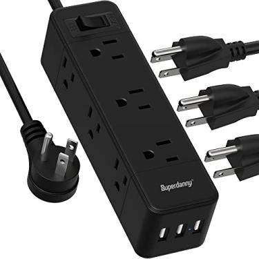 Imagem de Faixa de energia com proteção contra surtos com portas USB, SUPERDANNY amplamente espaçada 9 saídas e 3 USB, estação de carregamento de mesa, cabo de extensão de 1,5 m, 1050 joules, plugue reto, montagem de parede para casa/escritório/dormitório, preto