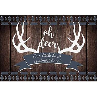 Imagem de Haoyiyi 1,8 x 1,2 m Oh Deer Boy Baby Shower Pano de fundo cinza rústico de madeira Our Little Buck is Almost Here de aniagem para meninos e meninas recém-nascidos 1º aniversário decoração de cabine de