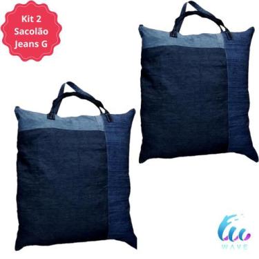Imagem de Sacola Sacolão Bolsa Em Jeans Grande Sacoleiro mudança viagem Reforçad