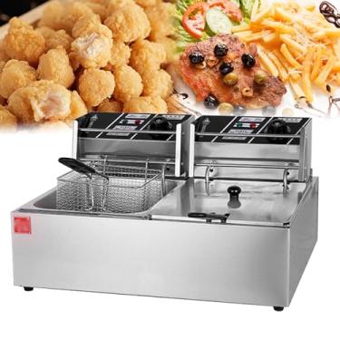 Imagem de Fritadeira elétrica comercial, cesto removível, controle de fritadeira elétrica de bancada de aço inoxidável e filtragem de óleo, temperatura ajustável, para restaurante comercial, frango frito