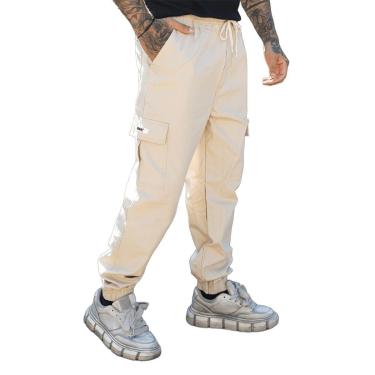 Imagem de Calça Jogger com Punho Slim Sarja com Elastico Ajustável Streetwear Masculino Feminino Creme-Masculino