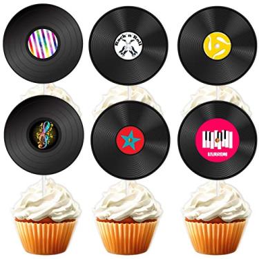 Imagem de 18 pçs Topper de cupcake de sobremesa preto glitter retrô 50s 60s CD tema decoração suprimentos feliz aniversário rock roll música decorações de festa