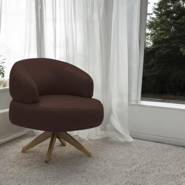 Imagem de Poltrona Decorativa Katy Sala De Estar Base Giratória Madeira Couro Marrom Chocolate