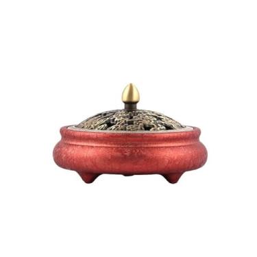 Imagem de Queimador de Incenso Queimador de incenso de latão com nuvens auspiciosas criativas e tampa, ornamentos decorativos para interiores, porta-incenso de três pernas Suportes(Red)