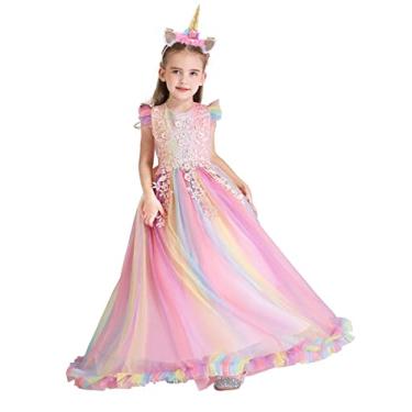 Imagem de REXREII Vestido de tule de princesa arco-íris unicórnio com faixa de cabeça para meninas, aniversário, festa de Natal, vestido longo de baile de Halloween 9-10T