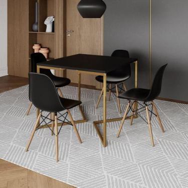 Imagem de Mesa Jantar Industrial Quadrada 90Cm Preta Base V Dourada Com 4 Cadeir