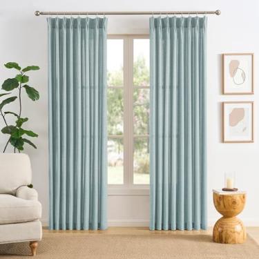 Imagem de Cortinas plissadas de linho azul claro 2,38 cm de comprimento 127 cm de largura por painel, plissadas, semitransparentes, texturizadas, ganchos, aba traseira, cortina de filtragem de luz moderna
