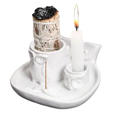 Imagem de Comeon Palo Santo, suporte de vela 4 em 1 de cerâmica para queimador de incenso de refluxo, suporte de vela para tigela de queima, suporte de incenso para palitos para meditação, sala de ioga (branco)