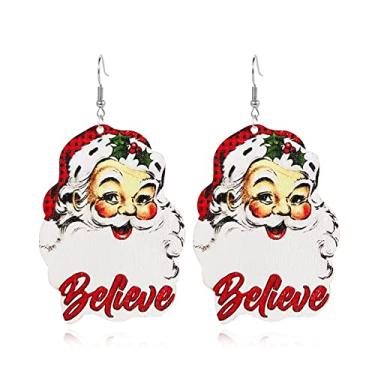 Imagem de Brincos de madeira de Natal exclusivos retrô feitos à mão de madeira leve Papai Noel floco de neve boneco de neve árvore de Natal sinos gota pingente brinco para mulheres meninas joias de Natal, Metal, n/p