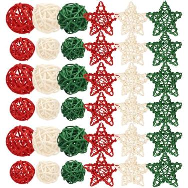 Imagem de Lucleag 36 peças de bolas de vime de Natal decorações de estrelas, bolas de vime naturais vermelhas, brancas e verdes, enchimento de vasos, artesanato faça você mesmo com corda de cânhamo para