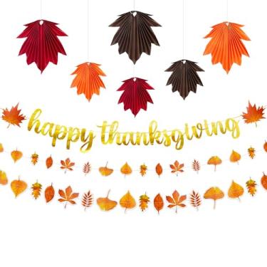 Imagem de Katchon, Conjunto de decoração de faixa Happy Thanksgiving - Pacote com 9 | Não faça você mesmo, decorações de Ação de Graças em ambientes internos, externos | Decorações de amizade de folha de bordo