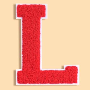 Imagem de QianSiLi Remendos de letras universitárias de chenille vermelho de 11 cm, letras grandes para jaquetas Letterman, moletons com capuz, mochilas, coletes, roupas, adesivos individuais da letra L