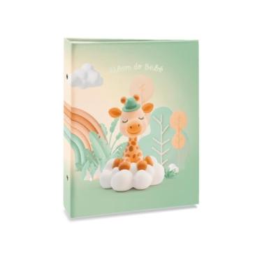 Imagem de Álbum de fotos Ical, encadernação tradicional, para 80 fotos 15x21cm - envelope plástico transparente - linha Bebê - modelo verde - girafa - 68