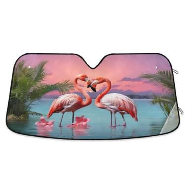 Imagem de ATTX Para-brisa de carro flamingos rosa tropical 144.8 cm x 80.0 cm escudo solar universal com proteção UV, persiana de janela frontal automática dobrável para Sedans SUVs caminhões #864