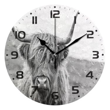 Imagem de JUZIHAI Relógio de parede Highland Cow, silencioso, redondo, sem tique-taque, operado por bateria, fácil de ler, relógio decorativo de parede para casa, cozinha, sala de estar, quarto, escritório, 25