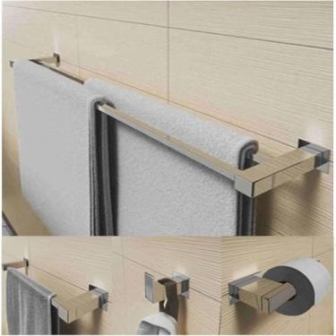 Imagem de Porta Toalhas Toalheiro de Banheiro 70cm Aço Inox Inoxidável Escovado 304 Kit PREMIUM Conjunto 4 peças Porta Papel e Roupas