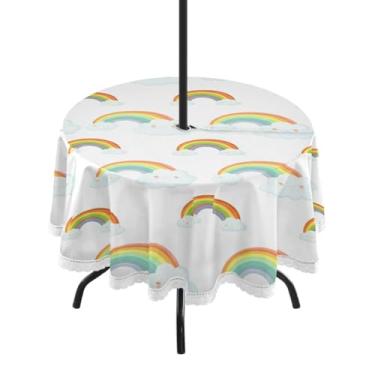Imagem de Qilmy Clouds Rainbows Toalha de mesa redonda impermeável de 152 cm com orifício para guarda-chuva e zíper – Uso externo / interno resistente para pátio, churrascos, piqueniques, festas (serve para