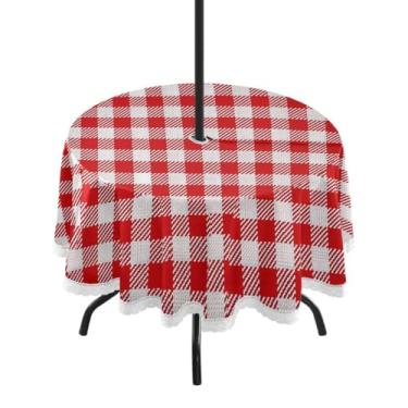 Imagem de Qilmy Toalha de mesa redonda à prova d'água de textura quadriculada de 152 cm com orifício para guarda-chuva e zíper – uso externo / interno resistente para pátio, churrascos, piqueniques, festas