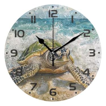 Imagem de JUZIHAI Relógio de parede com tartaruga marinha verde silencioso, sem tique-taque, redondo, operado por bateria, fácil de ler, relógio decorativo de parede para casa, cozinha, sala de estar, quarto