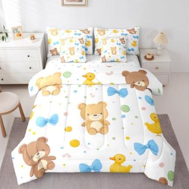 Imagem de Erosebridal Jogo de cama solteiro com desenho de pato e desenho animado de urso fofo com laço azul sonhador em uma bolsa para meninos e meninas, lençol com elástico colorido e lençol de cima