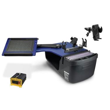 Imagem de AutoExec Alcance o banco traseiro da mesa para a estação de trabalho do seu veículo e escritório móvel, azul, com inversor de potência de 400 watts, suporte para telefone, suporte de impressora e