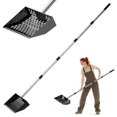 Imagem de Pá de cocô de galinha e ancinho 2 em 1, ajustável de 40 a 170 cm, cabo de aço inoxidável com placa de peneiramento de 25 cm, pá de peneiramento para limpeza estável de galinheiro de cabra