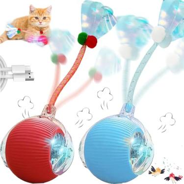 Imagem de AUPJICX Brinquedos interativos para gatos em ambientes internos, brinquedo automático para gatos com cauda de malha elástica, bola elétrica no tapete, chilrear e ativar movimento - 2 peças vermelho e