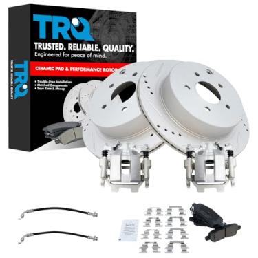 Imagem de TRQ Kit de pastilha de freio traseiro e rotor com fenda X perfurada desempenho cerâmica premium G-Coated Compatível com traseira 2013 INFINITI JX35 2014-2018 QX60 2009-2018 Nissan Murano 2013-2020