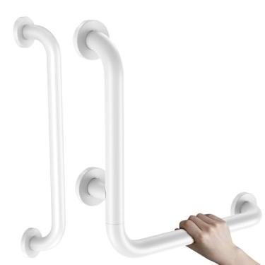 Imagem de Barra de apoio angular branca de 40,6 x 40,6 cm, barra de apoio para chuveiro em forma de L com corrimão de segurança de banheiro reta de 40,6 cm, barra de suporte de equilíbrio de aço inoxidável para