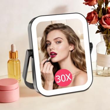 Imagem de FUNTOUCH Espelho de maquiagem de viagem com luzes, espelho de ampliação dupla face recarregável de 2000 mAh 10 X/1X, espelho portátil de beleza LED, iluminação regulável em 3 cores, pendurado na mesa