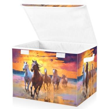 Imagem de Blueangle Cestos de armazenamento para corrida de cavalos com tampas, 42 x 32 x 30 cm, grande cesta organizadora dobrável para decoração de casa e escritório (375)