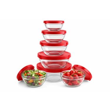 Imagem de Conjunto com 5 Potes Redondos de Vidro com Tampa – Armazenamento Seguro, Organização e Vedação Eficiente - Conjunto de 5 Tigelas Bowl Redondas Para Geladeira Microondas e Freezer (Vermelho)