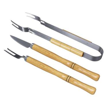 Imagem de Kit Garfo Faca E Pegador De Aço Inox Com Cabo Madeira Longo Para Churr
