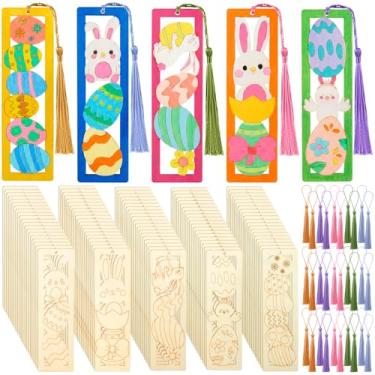 Imagem de Yexiya Kit de 200 peças de marcadores de livro de madeira DIY de Páscoa, cor inacabada, sua própria cavidade com borla, conjunto de 100 ovos de coelho em branco, artesanato para encher cestas
