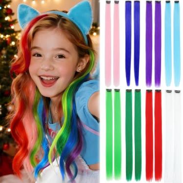 Imagem de Extensões de cabelo Rainbow Clip-in – Pacote com 16 cabelos sintéticos de 56 cm, acessórios de fantasia de Natal de Halloween e decoração de festa de aniversário
