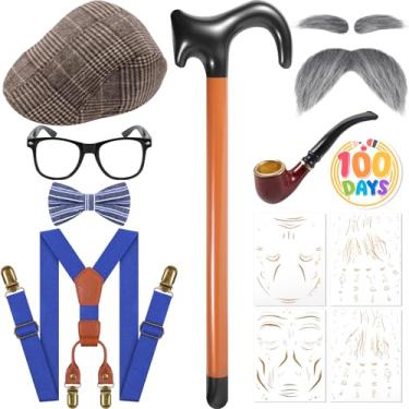 Imagem de Fabllewavi 9 peças fantasia de velho avô – suspensórios gravata borboleta chapéu sobrancelhas falsas bigodes óculos tatuagem crachá bengala para cosplay, Azul, Standard