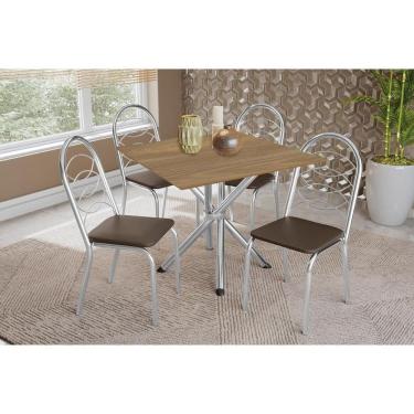 Imagem de Conjunto: Mesa Sala Jantar Volga C- Tampo De Madeira 90cm E 4 Cadeiras Holanda Cromado-nogueira - Marrom - Kappesberg