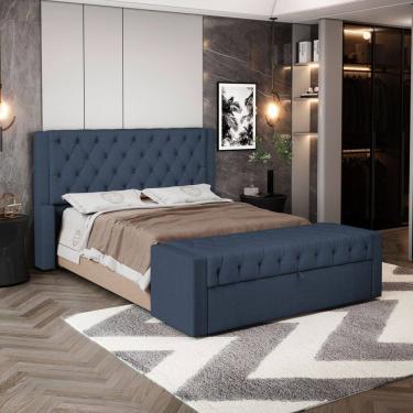 Imagem de Cabeceira e Calçadeira Báu Queen Size Atena 160cm Capitonê Linho Azul - Abmaza