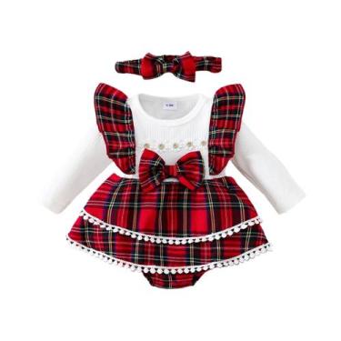 Imagem de Vestido De Bebê Menina Xadrez Vermelho Com Laço De Renda, Camada Dupla